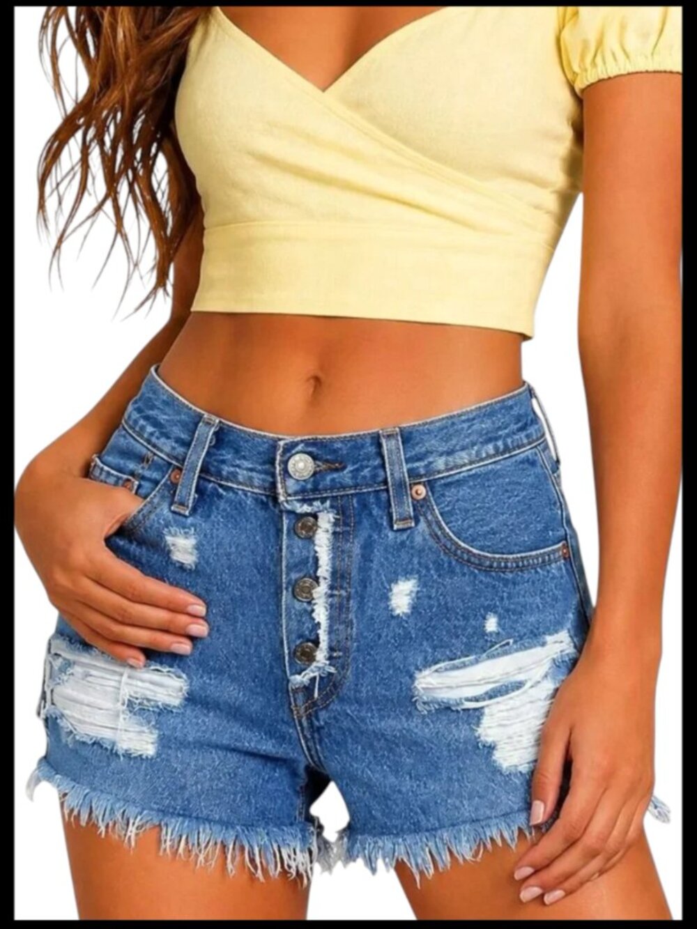 Levi's Premium Big E 501 Denim Shorts Blue High Rise Distressed 26